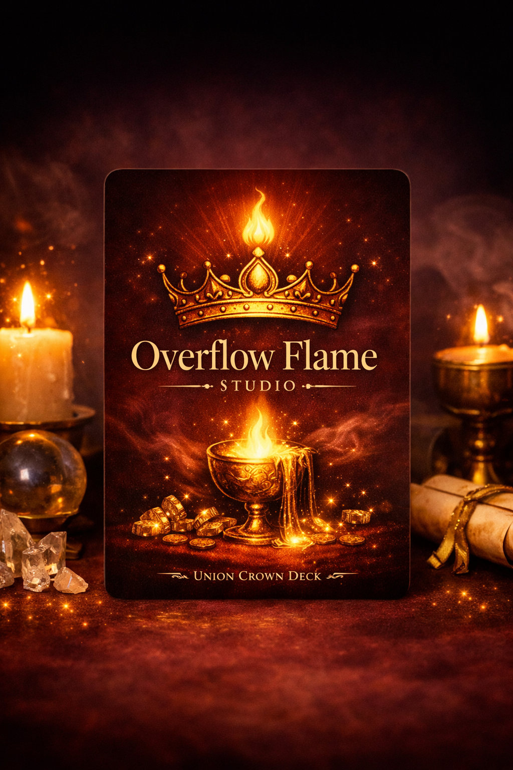 Card from Overflow Flame Studio with a crown and flames on a dark background